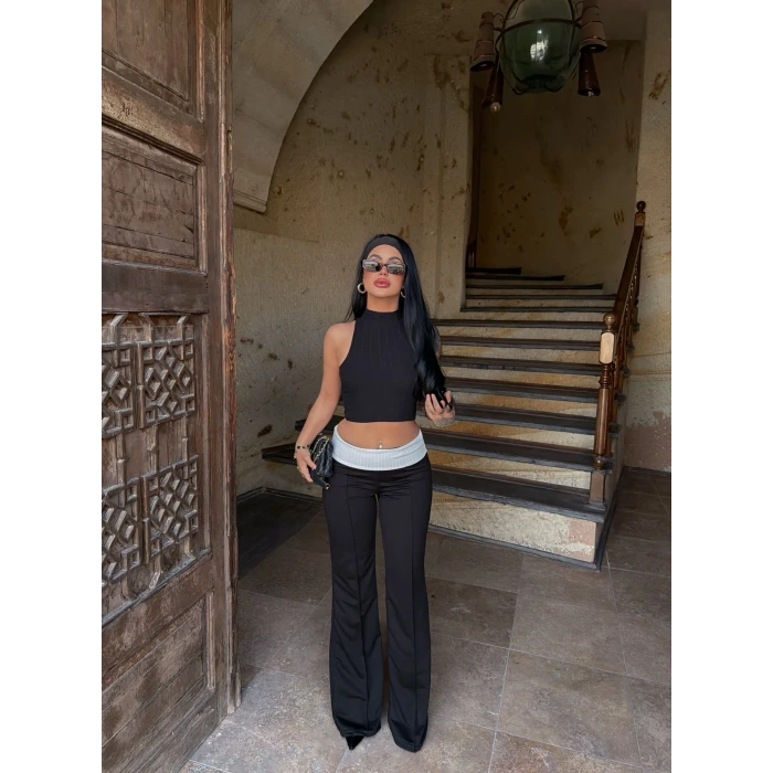 Siyah Bel Katlamalı Eşofman Altı