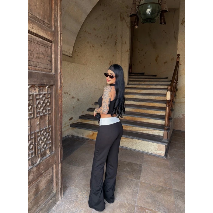 Siyah Bel Katlamalı Eşofman Altı