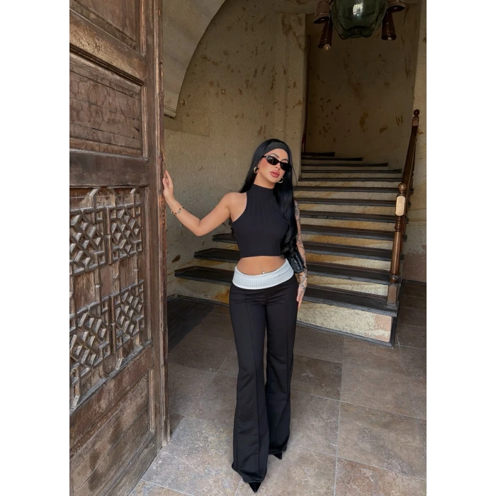 Siyah Bel Katlamalı Eşofman Altı