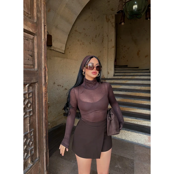 Kahve Yüksek Bel Zarf Şort Etek