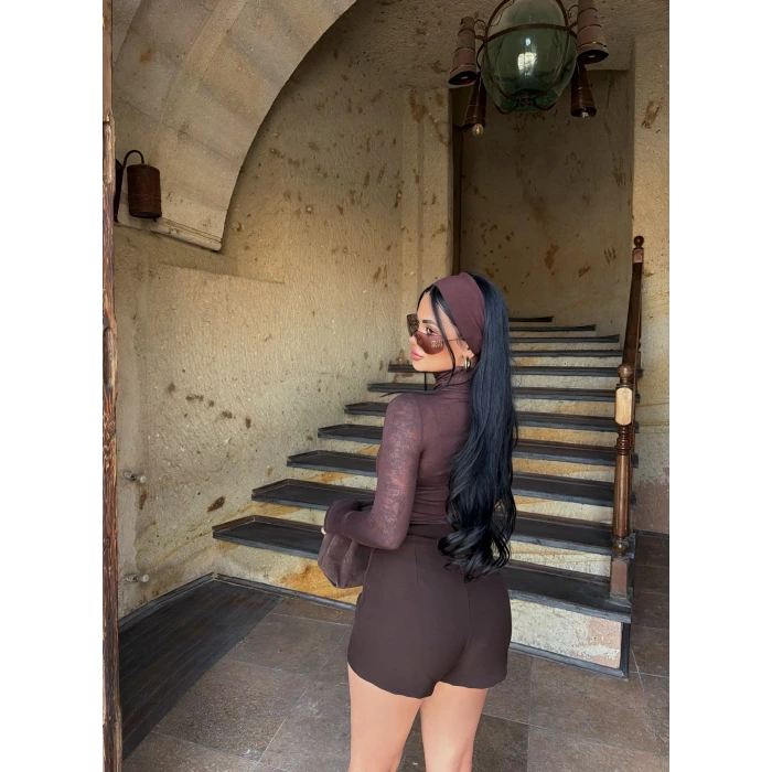 Kahve Yüksek Bel Zarf Şort Etek