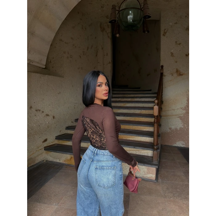 Kahve Sırt Dantel Kaşmir Triko