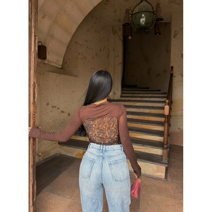 Kahve Sırt Dantel Kaşmir Triko