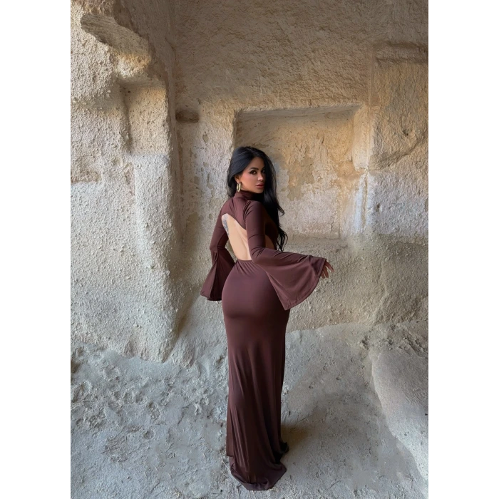 Kahve Kolları Volanlı Maxi Elbise