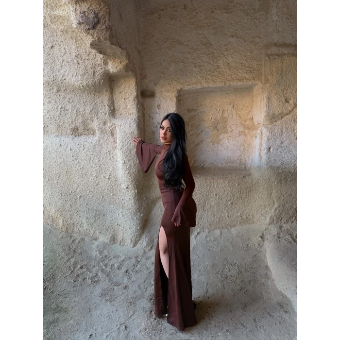 Kahve Kolları Volanlı Maxi Elbise