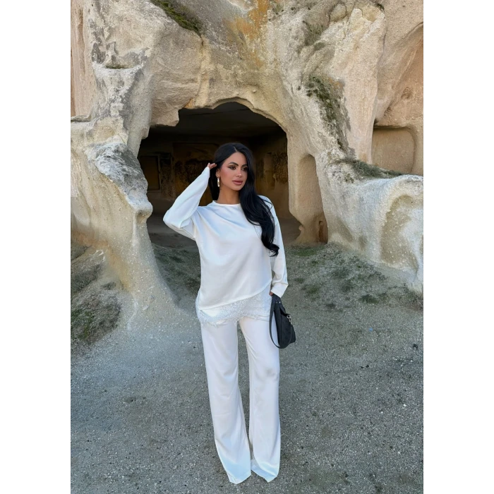 Ekru Eteği Güpürlü Modal Takım