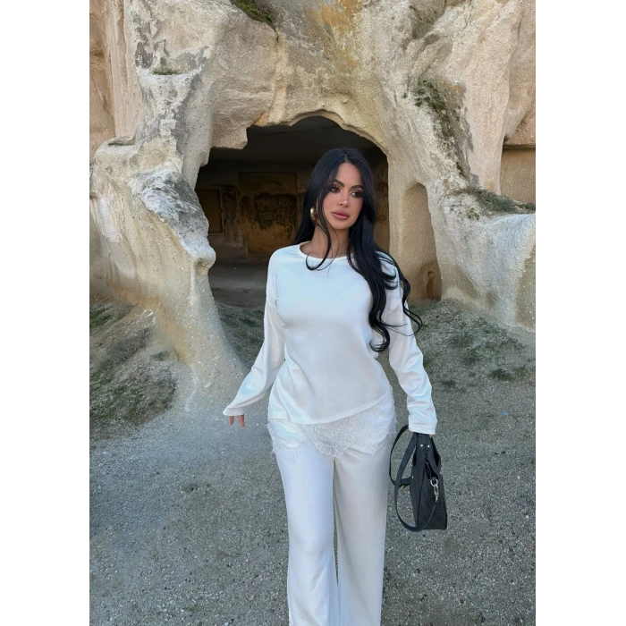 Ekru Eteği Güpürlü Modal Takım