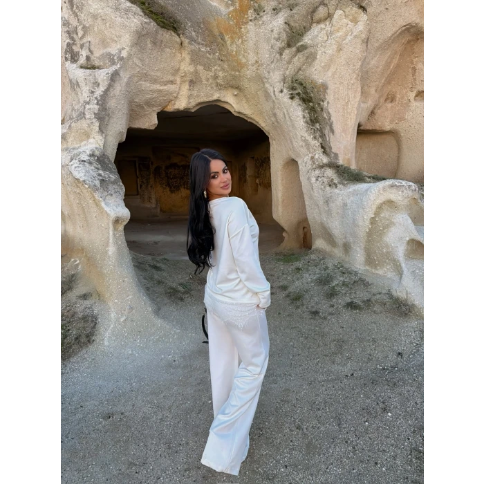 Ekru Eteği Güpürlü Modal Takım