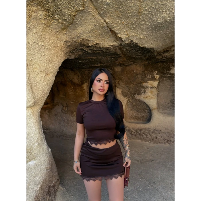 Kahve Dantel Etekli İkili Takım