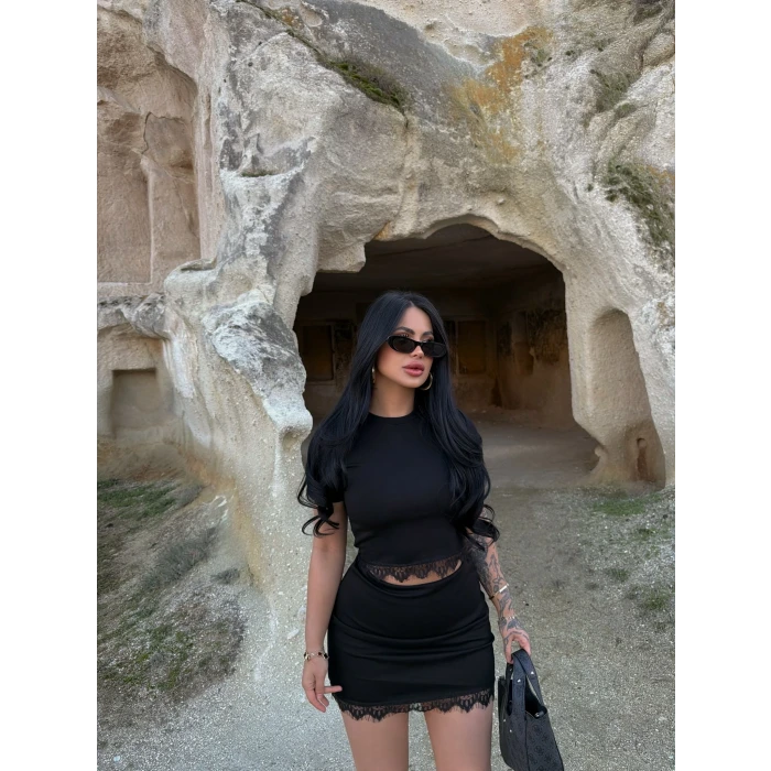 Siyah Dantel Etekli İkili Takım