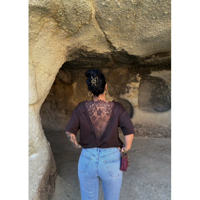 Kahve Sırt Güpürlü Modal Tişört