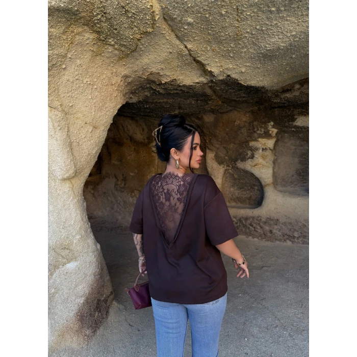 Kahve Sırt Güpürlü Modal Tişört