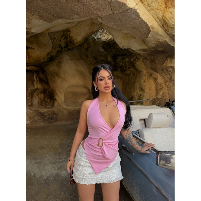 Pembe Tokalı Kruvaze Crop