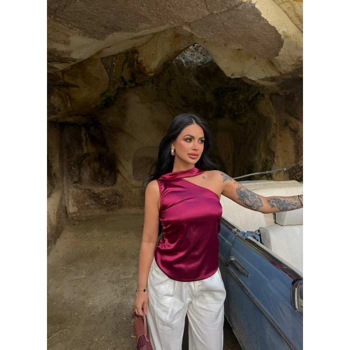 Bordo Saten Boyundan Bağlamalı Bluz