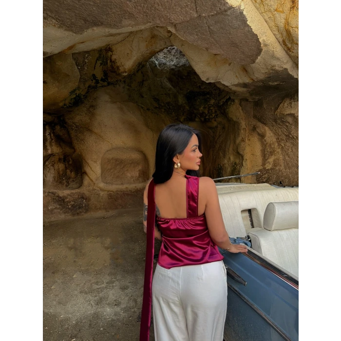 Bordo Saten Boyundan Bağlamalı Bluz