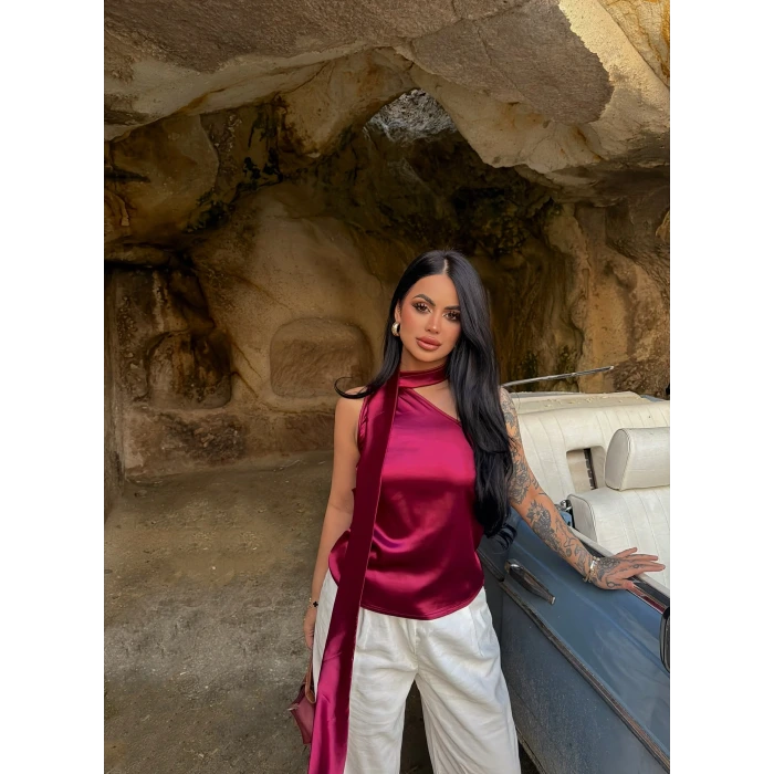 Bordo Saten Boyundan Bağlamalı Bluz