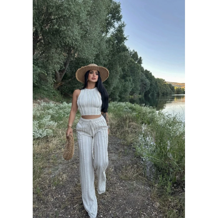 Bej Halter Ters Dikişli İkili Takım