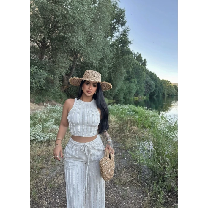 Bej Halter Ters Dikişli İkili Takım