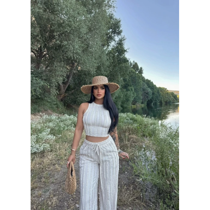 Bej Halter Ters Dikişli İkili Takım