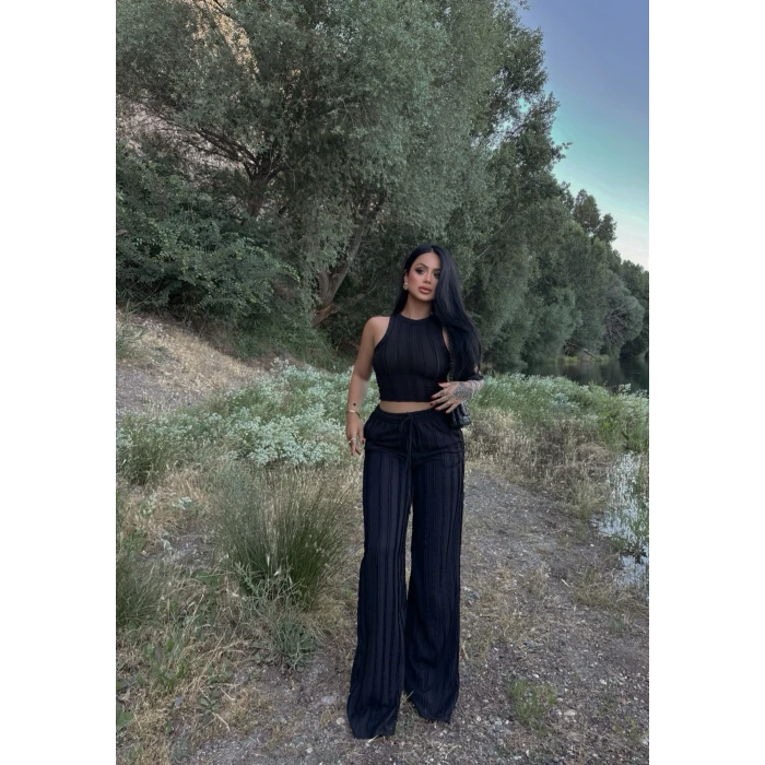 Siyah Halter Ters Dikişli İkili Takım