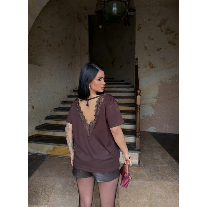 Kahve Sırt V Güpürlü Tişört