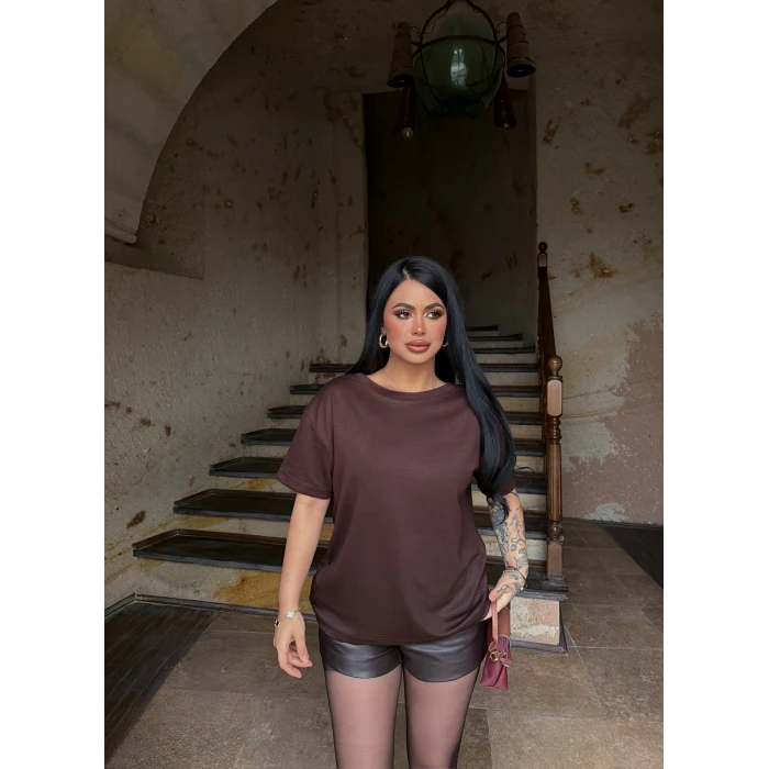 Kahve Sırt V Güpürlü Tişört