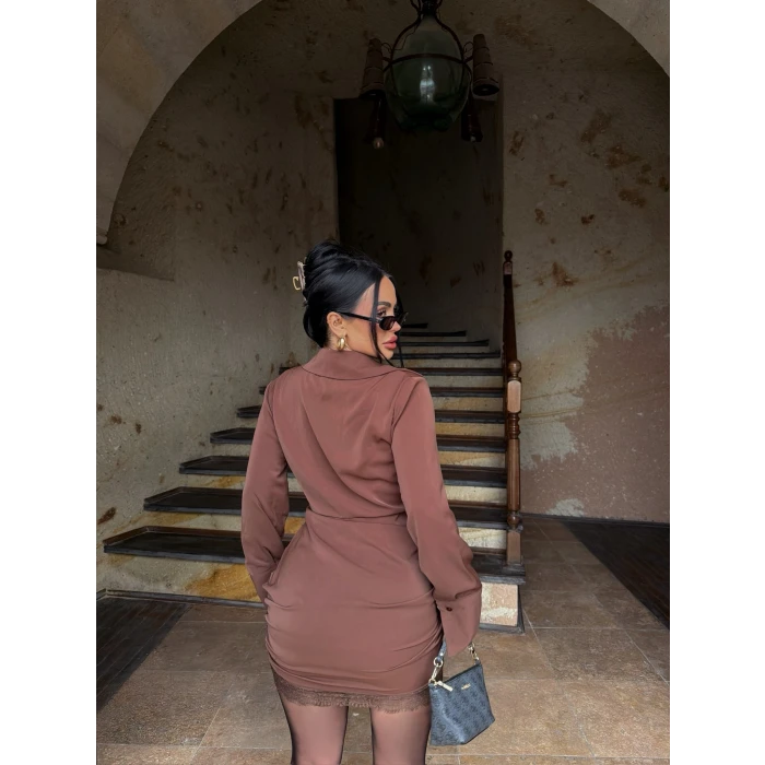 Kahve Eteği Güpürlü Gömlek Elbise