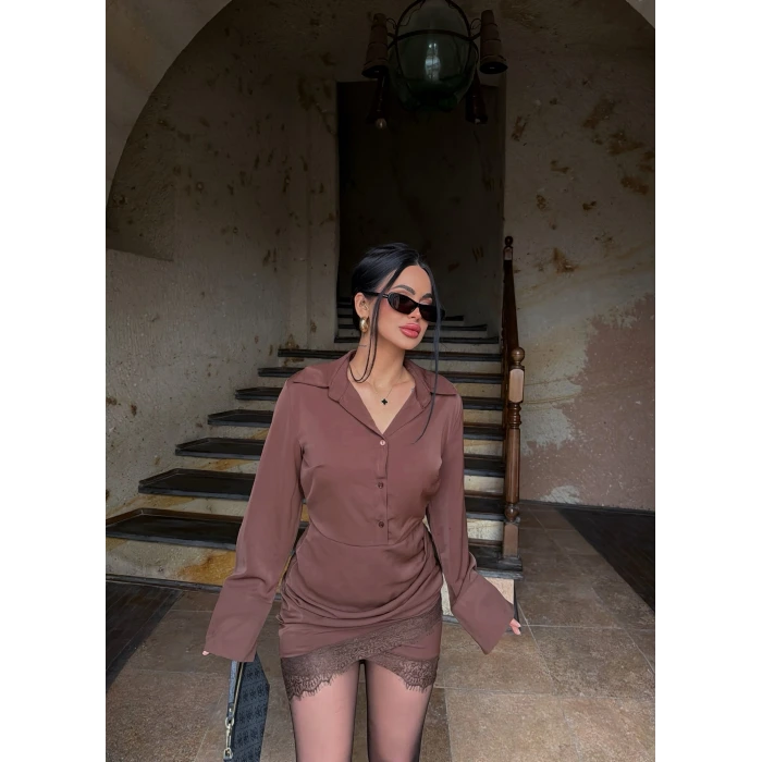 Kahve Eteği Güpürlü Gömlek Elbise