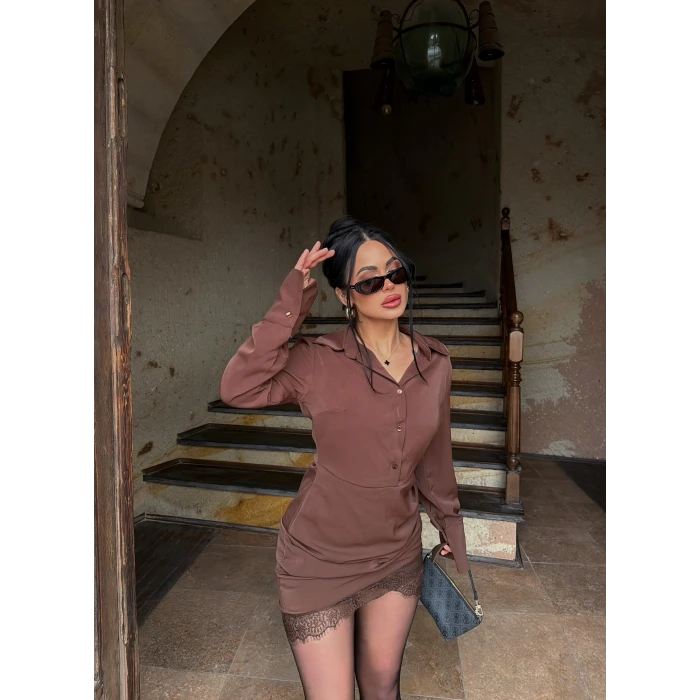 Kahve Eteği Güpürlü Gömlek Elbise