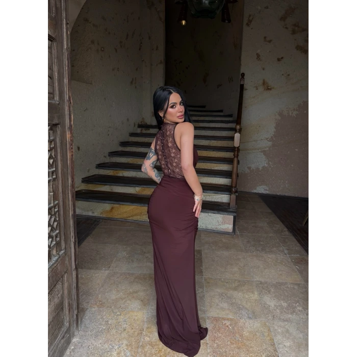 Kahve Sırt Düğmeli Degaje Elbise