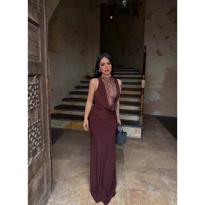 Kahve Sırt Düğmeli Degaje Elbise