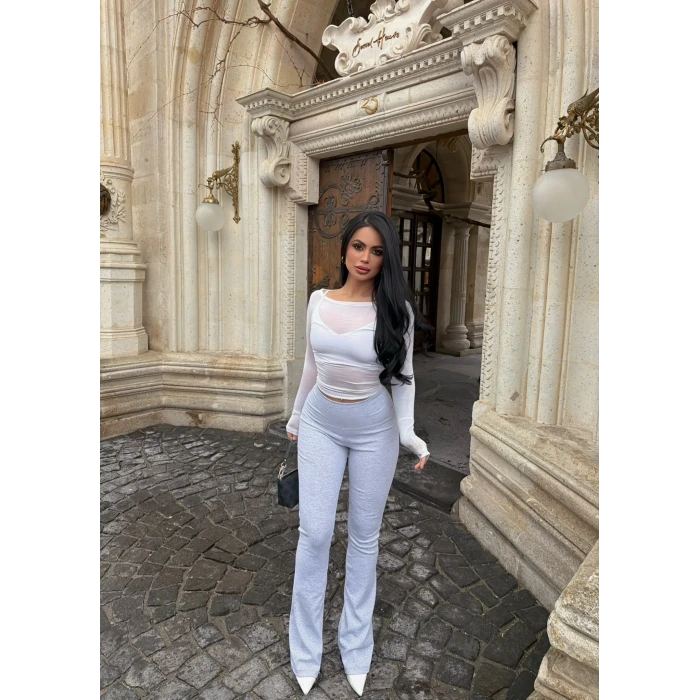 Gri Ribanalı Yüksek Bel Tayt