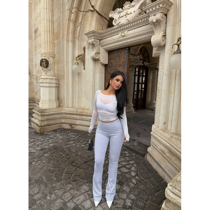 Gri Ribanalı Yüksek Bel Tayt