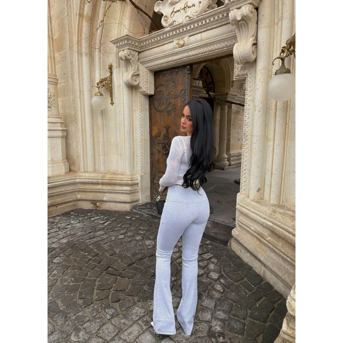 Gri Ribanalı Yüksek Bel Tayt