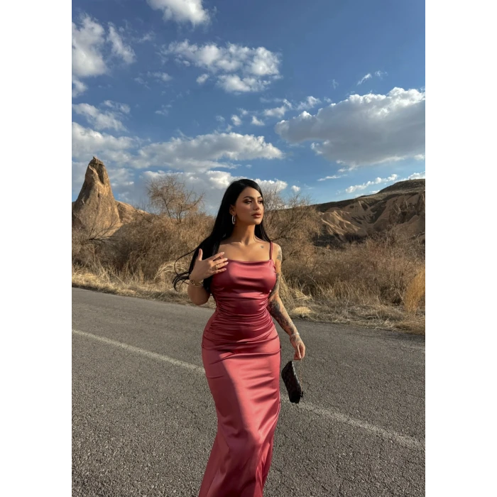 Gül Kurusu Sırt Büzgülü Saten Long Elbise