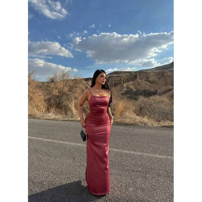 Gül Kurusu Sırt Büzgülü Saten Long Elbise