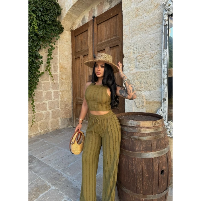 Yağ Yeşili Halter Ters Dikişli İkili Takım