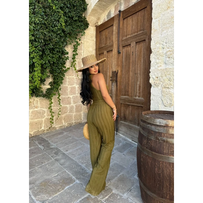 Yağ Yeşili Halter Ters Dikişli İkili Takım