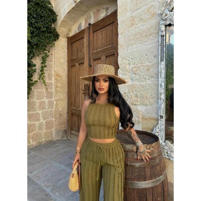 Yağ Yeşili Halter Ters Dikişli İkili Takım