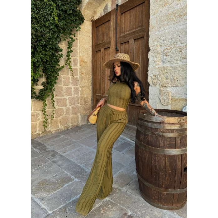 Yağ Yeşili Halter Ters Dikişli İkili Takım