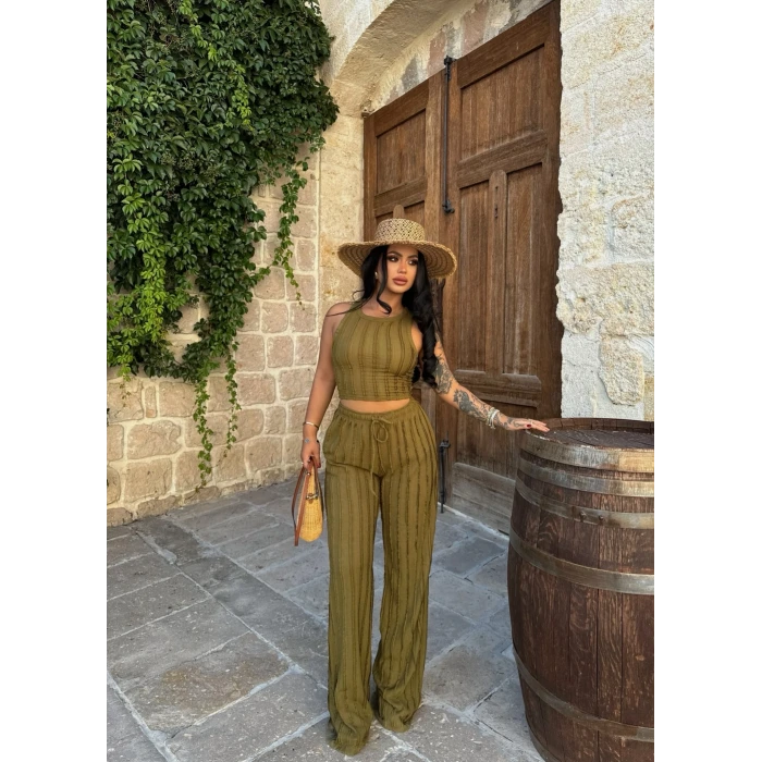 Yağ Yeşili Halter Ters Dikişli İkili Takım