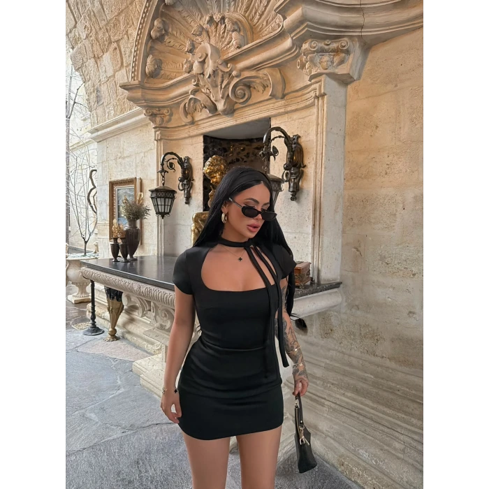 Siyah Fiyonk Bağlamalı Scuba Elbise