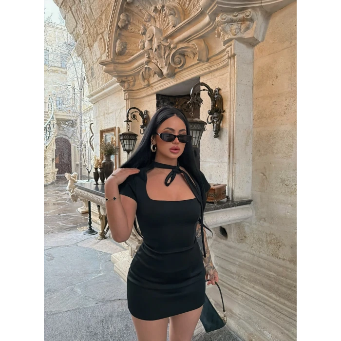 Siyah Fiyonk Bağlamalı Scuba Elbise