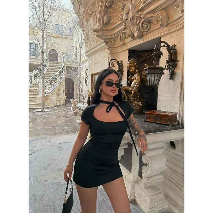 Siyah Fiyonk Bağlamalı Scuba Elbise