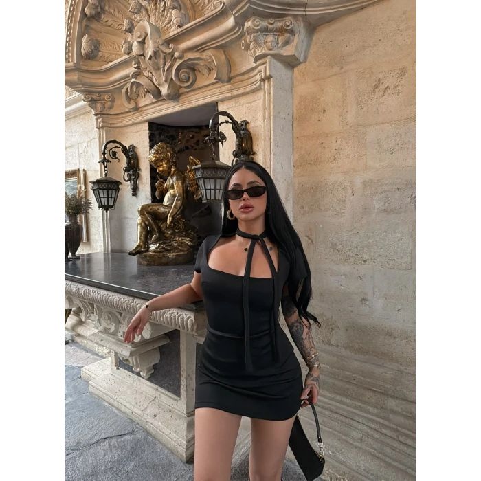 Siyah Fiyonk Bağlamalı Scuba Elbise