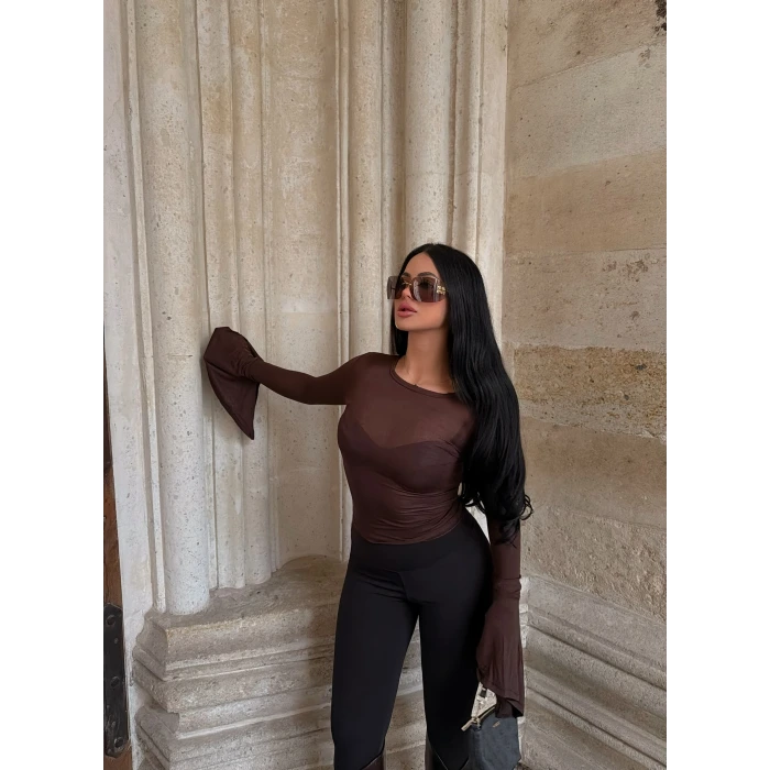 Kahve Kolları Volanlı Transparan Crop