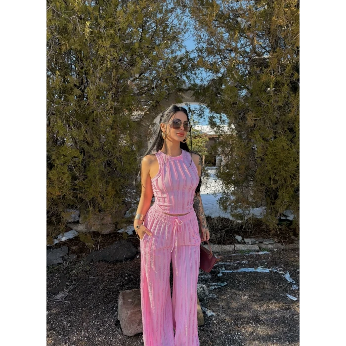 Pembe Halter Ters Dikişli İkili Takım