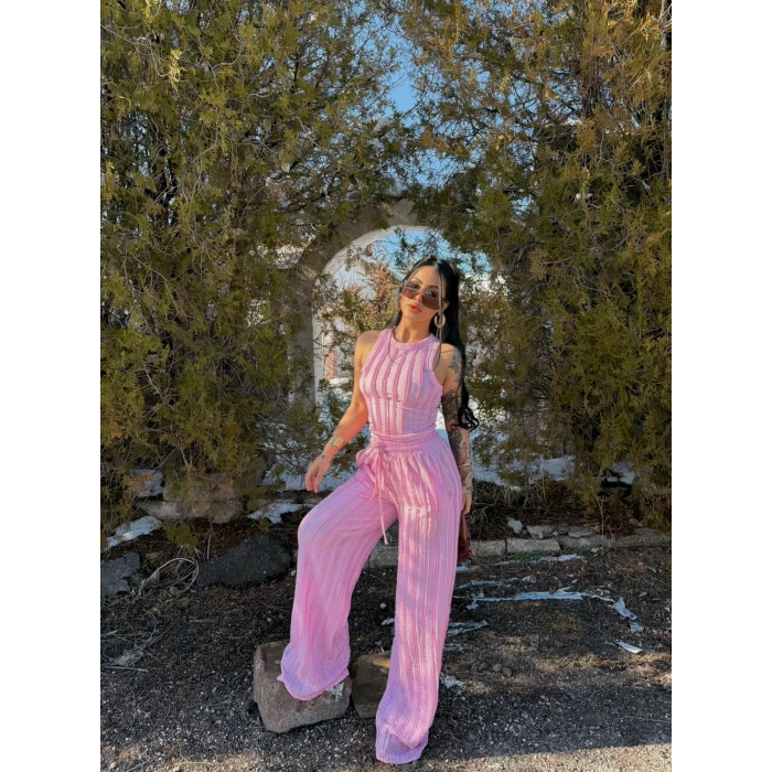 Pembe Halter Ters Dikişli İkili Takım