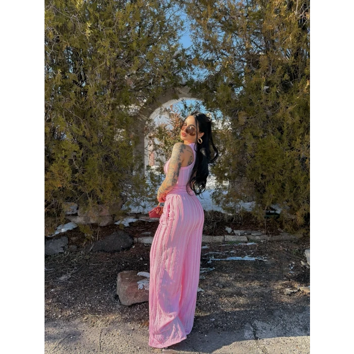 Pembe Halter Ters Dikişli İkili Takım