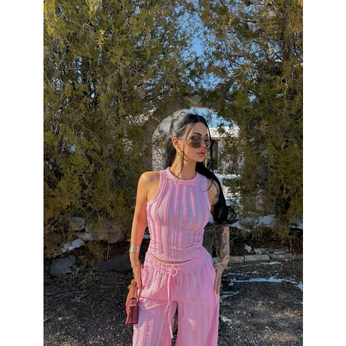 Pembe Halter Ters Dikişli İkili Takım